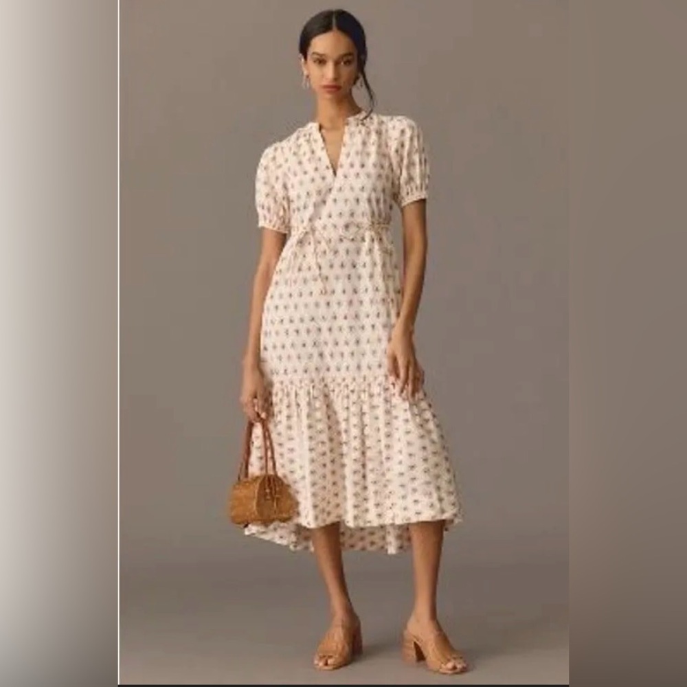 Anthropologie Cream/ Pink /Wine MAXI Dress with Puff sleeves and cinch ties XS
